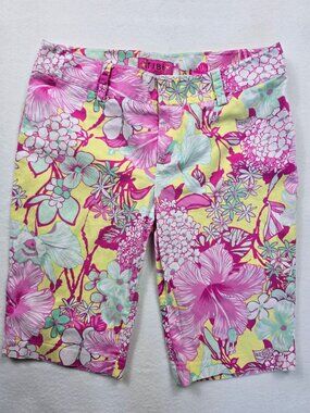 Tibi Womens Floral Print Bermuda Shorts Size 10 Yellow & Pink Cotton Blend